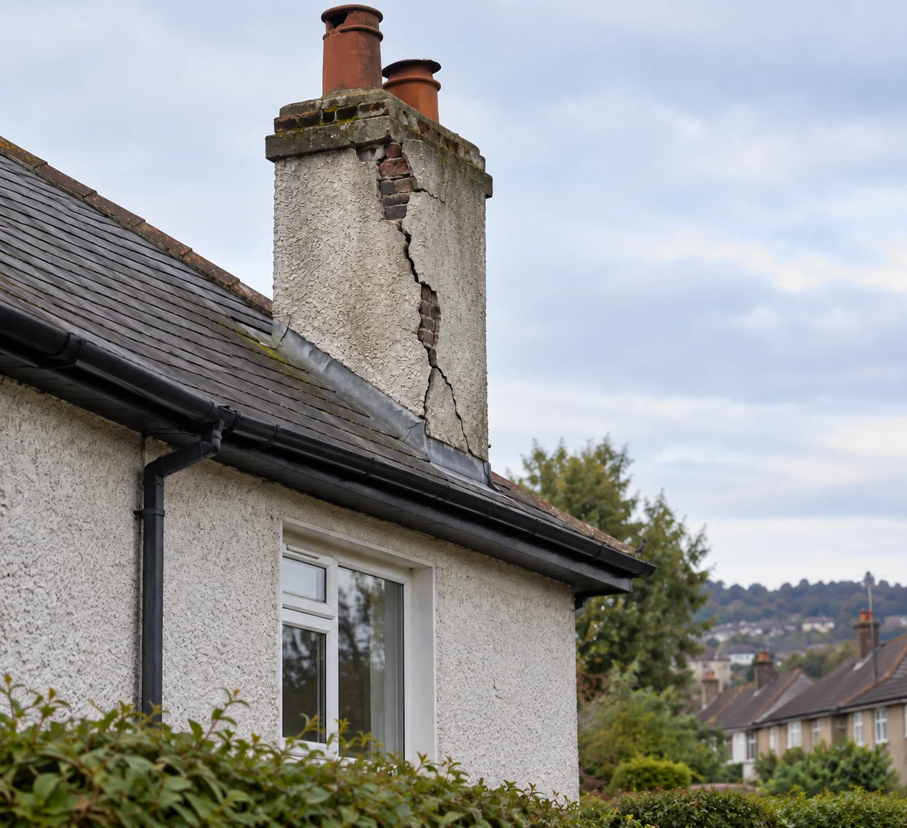 Chimney repairs showing cracked render and exposed brickwork on a chimney stack