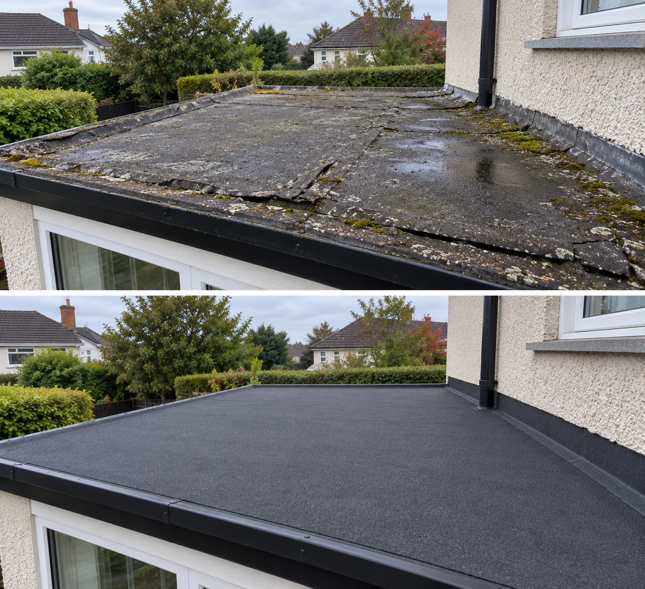 Flat roof replacement comparison showing damaged felt roofing and a renewed roof covering